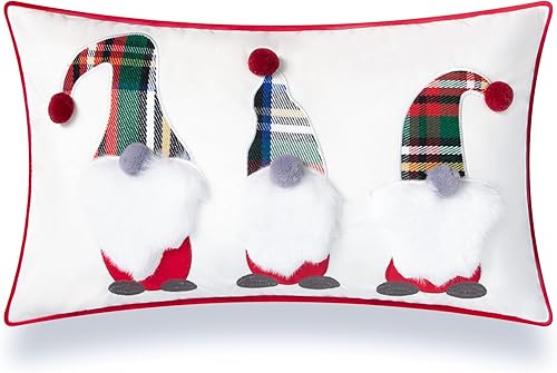 Hofdeco Premium Funda de almohada lumbar decorativa de terciopelo suave para invierno, solo para sofá, cama, gnomos de Navidad bordados, rojo, 12 x