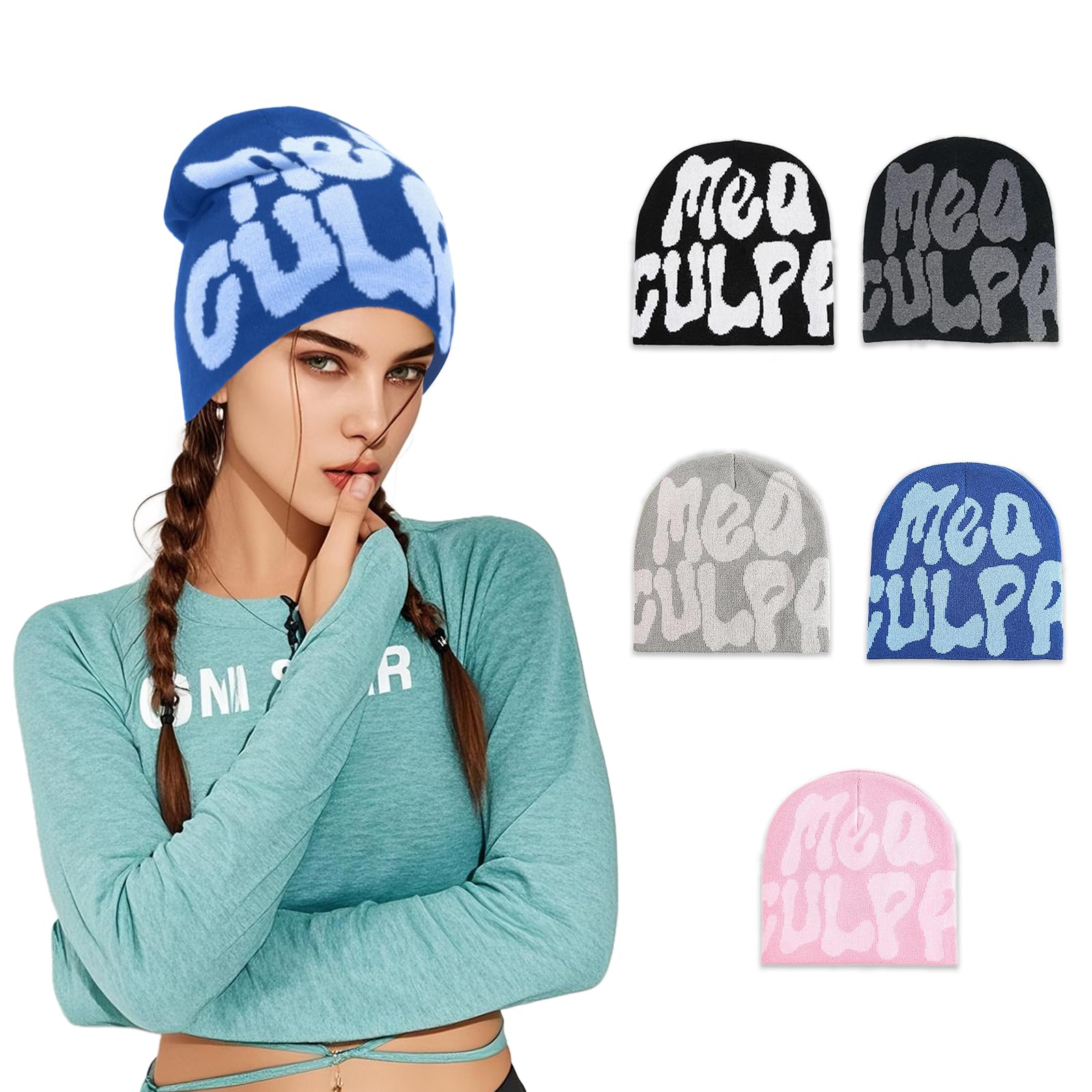 YSNeoBrim Y2k Beanies for Women Man,MEA Culpa Beanie Unique Pattern Design, Y2K Knitted Hat Suitable for All Seasons Wearing (US, Alpha, One Size, Blue Blue)