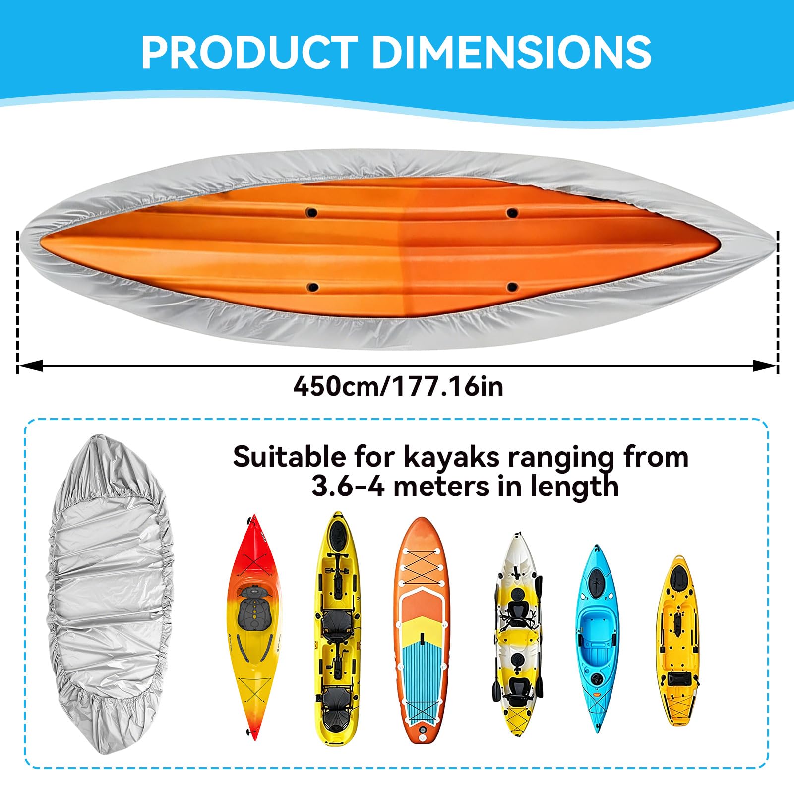 Copertura per kayak, copertura per kayak impermeabile resistente da 4,5 m Protezione solare UV Copertura antipolvere per canoa per barca da kayak da 3,6-4 m