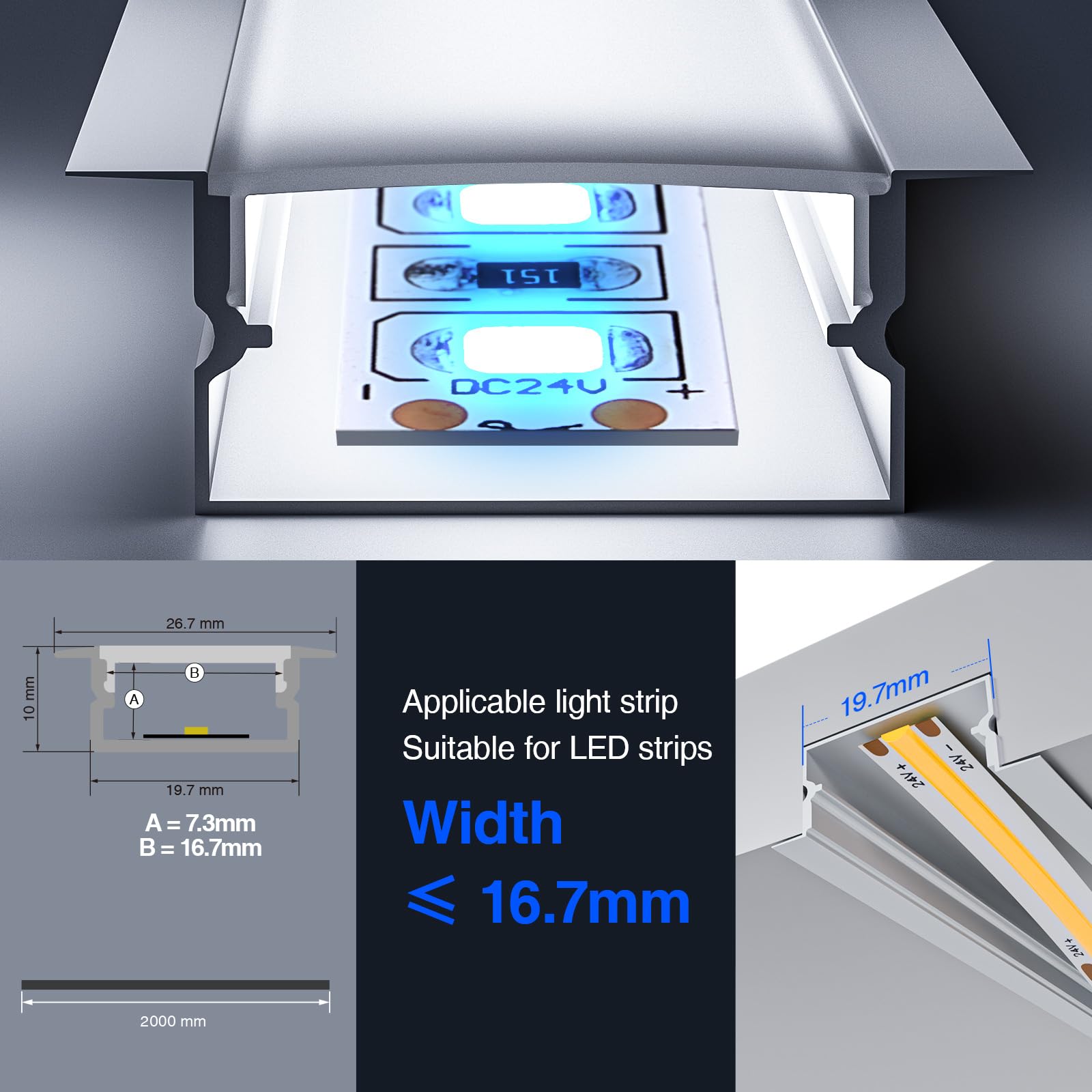 6 x 2 m (12 metrów) aluminiowe profile do taśm LED z matową osłoną, profil aluminiowy do taśm LED, maks. wymiary 17 mm - 26,7 x 10 mm SL02 (10)