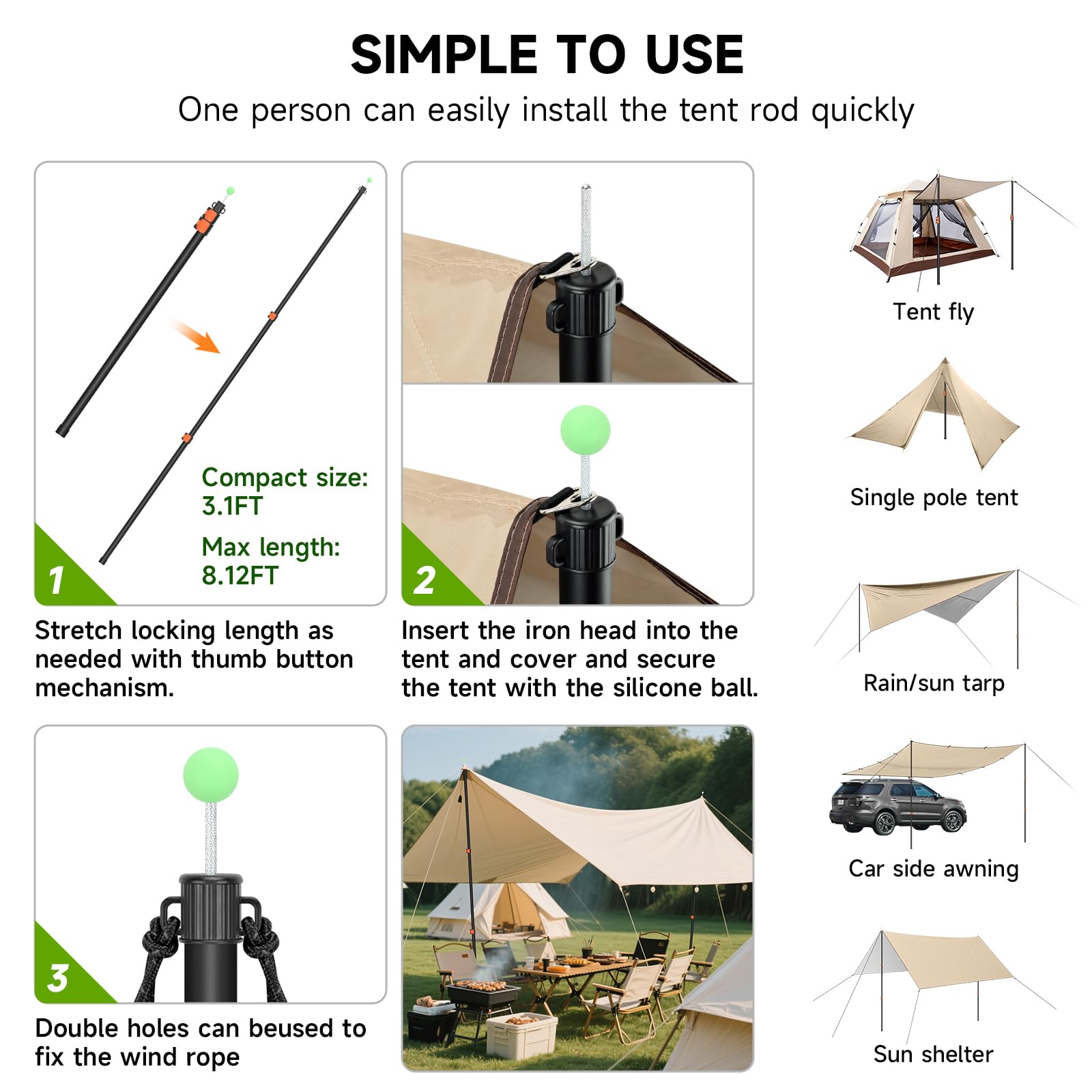 SANLIKE Telescopic Tarp Poles 37-97in Adjustable Canopy Poles 2-Pack