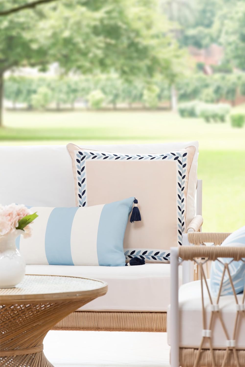 Hofdeco Premium Coastal Patio Indoor Outdoor Lumbar Pillow Cover Only, 12"x20" Water Repellent for Backyard, Couch, Baby Blue Wide Stripes with Tassels
