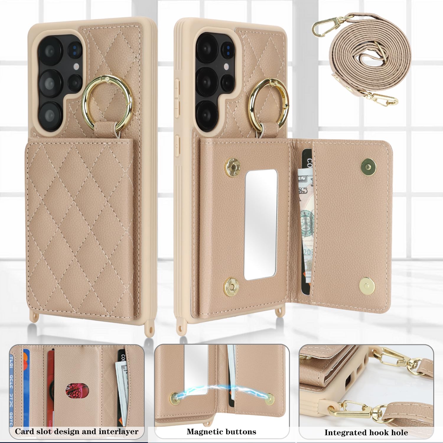 for Galaxy S25 Ultra Case with Card Holder and Strap for Women,Crossbody Lanyard, Make Up Mirror,Ring Stand,Snap Clasp,Cute Phone Wallet Cases 6.9 inch - Off-White