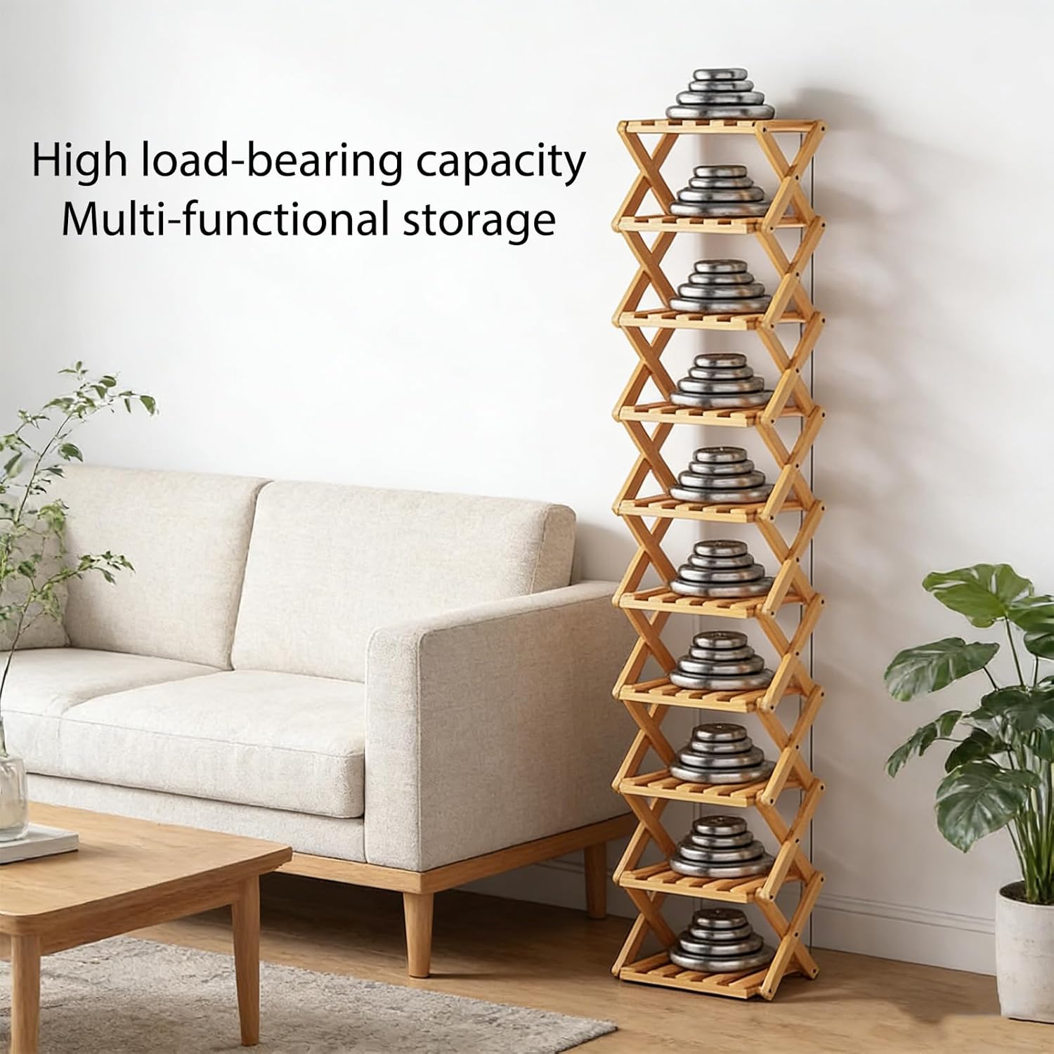 The 9-Tier No-Assembly Bamboo Rack, 9 Tier Bamboo Shoe Rack, No-Tool Assembly, Space-Saving Multifunctional Shelf for Entryways, Corners, Bedrooms, Balconies (Brown)