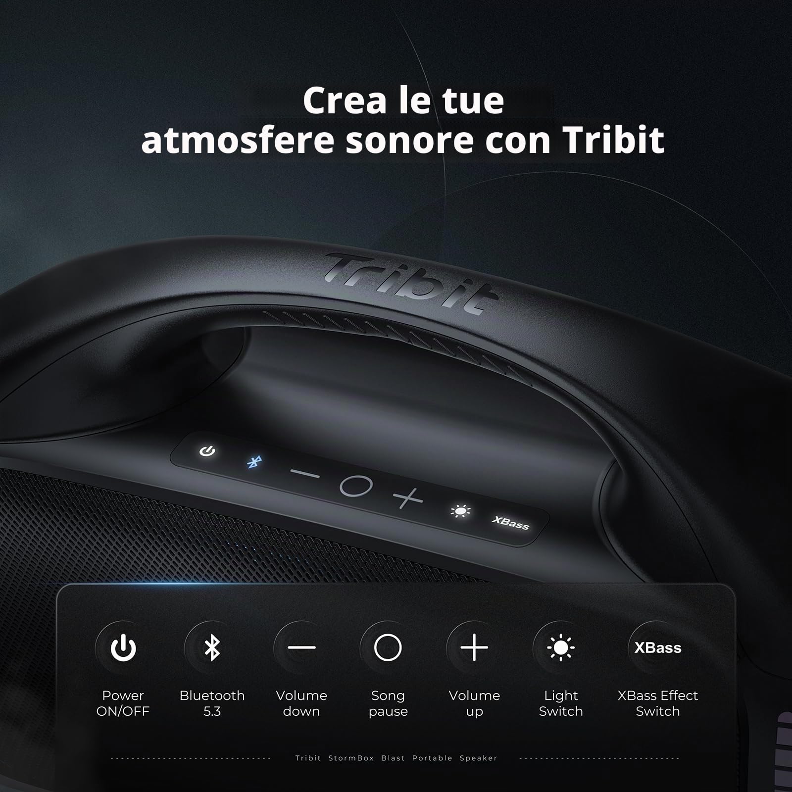 Tribit StormBox Blast Cassa Bluetooth,Altoparlante portatile 90 W suono stereo con luci LED XBass Bluetooth 5.3, IPX7, TWS, EQ personalizzato, 30 ore di riproduzione per feste all'aperto