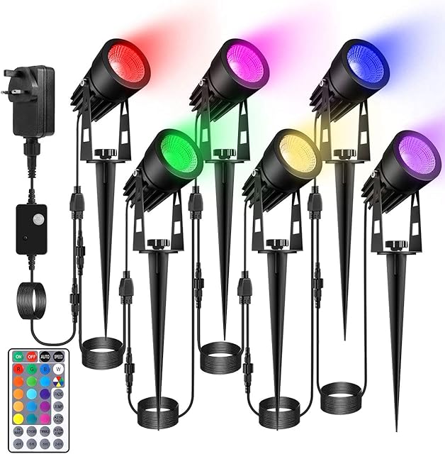 ECOWHO Garden Lights Mains Powered, Outdoor Garden Christmas Spotlights Color Waterproof 20m Extendable Cable IP65 Spike Lights Plug-in Timer Memory Remote for Holiday Decor(18w,12v, Cool White&RGB)