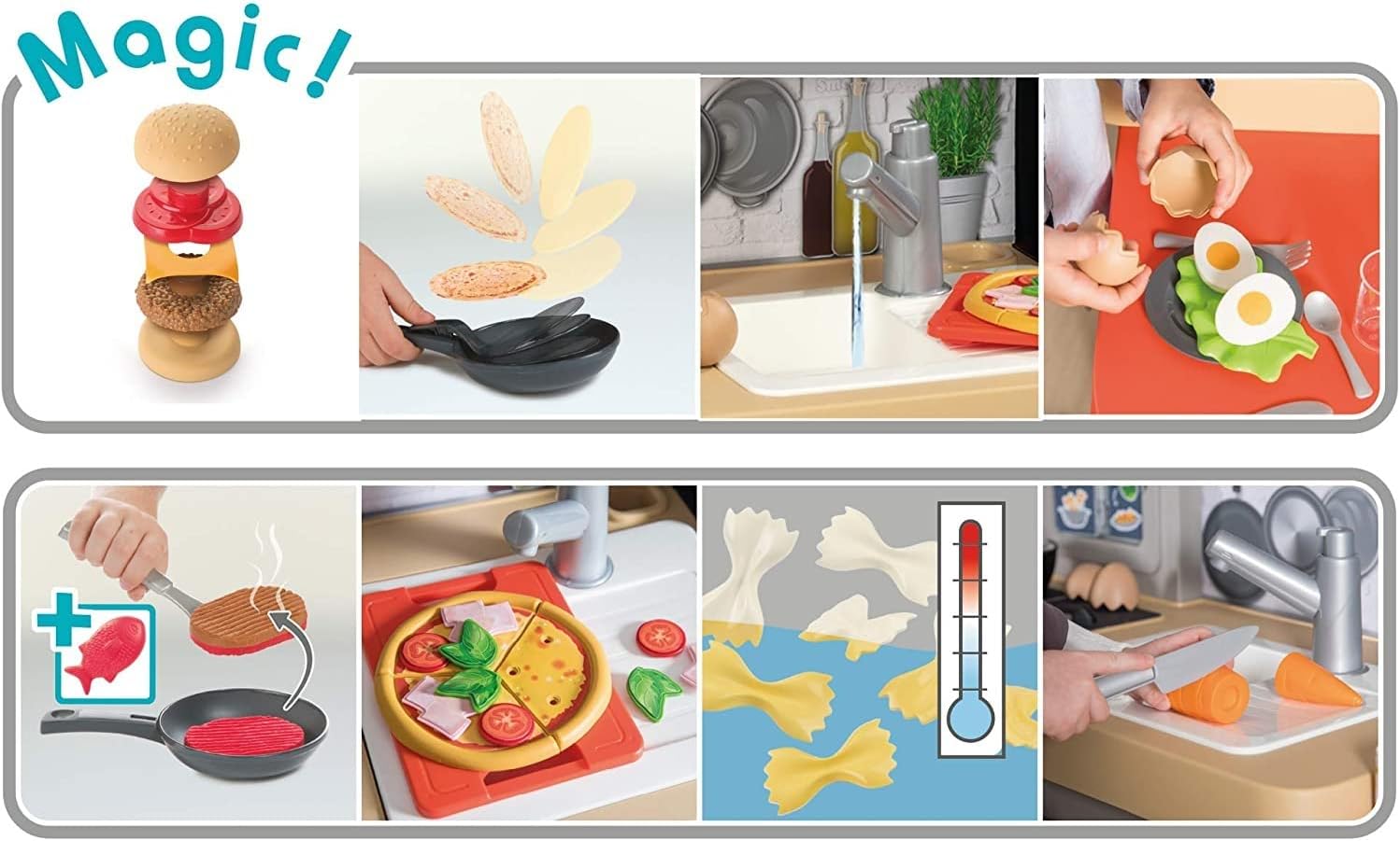 Collage of magic play food features including burger, pasta, egg, and pizza