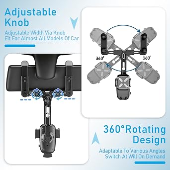 WUITIN Car Phone Mount, 360 Rotatable and Retractable, Anti-Shake Design, Compatible with Samsung, iPhone, Sony