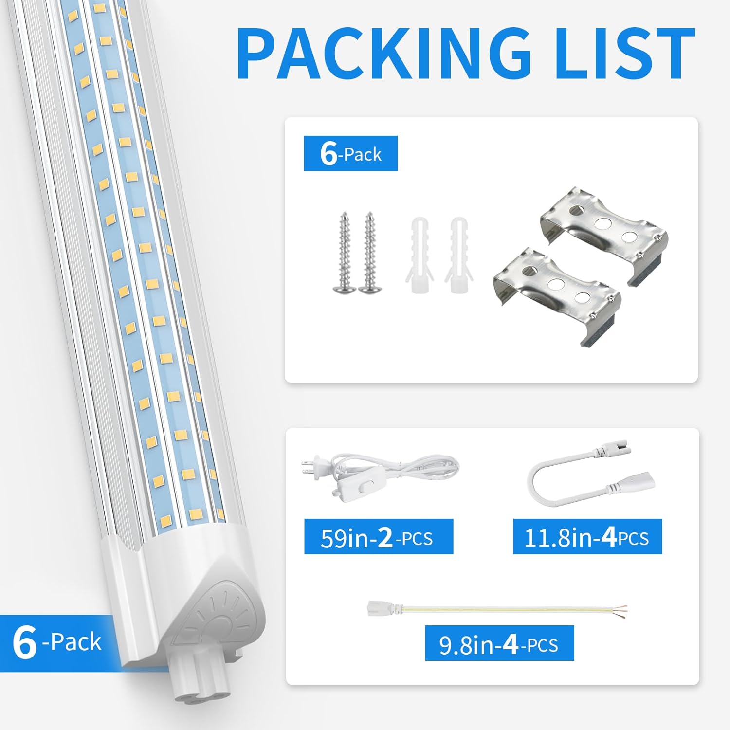 CNSUNWAY 2FT LED Shop Light, 24W 3600LM 6500K Super Bright, D-Shaped 6-Pack T8 LED Tube Lights, Clear Cover, High Output Linkable Shop Lights with Plug for Workbench, Kitchen, Basement, ETL Listed