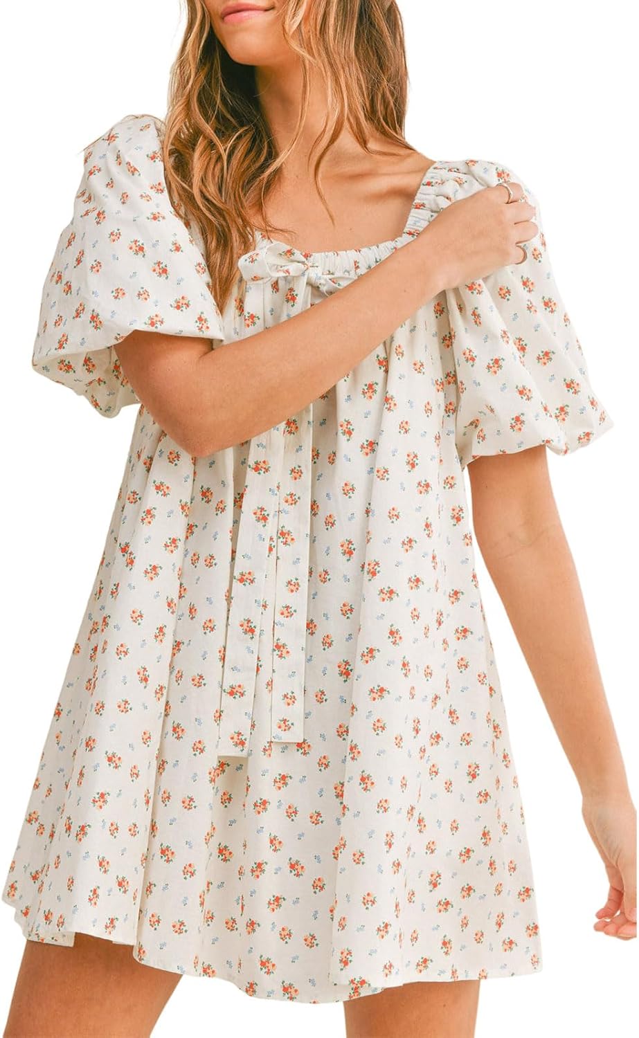 hibshaby Women's Floral Print Mini Dress Cute Puff Sleeve Dress Babydoll Bow Dress Casual Dress - Image 5