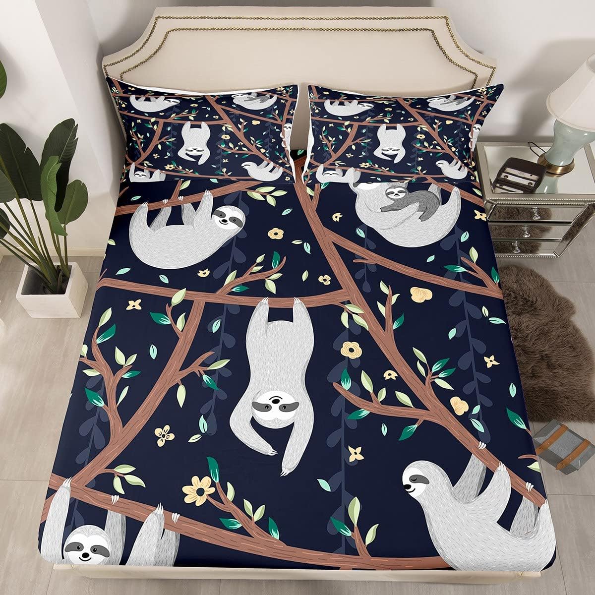 Feelyou Cute Sloth Bed Sheet Set Sloth Print Bedding Set Cartoon Sloth Fitted Sheet Sloth Gifts Black Flat Sheet for Kids Boys Girls Adults Twin Size with 1 Pillow Case