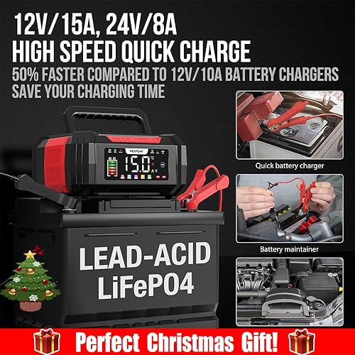 Miniatura 2 de NEXPEAK Cargador de batería de 15 A, cargador de goteo de 12 V24 V, cargador de batería inteligente LiFePO4 de 9 etapas con protección contra