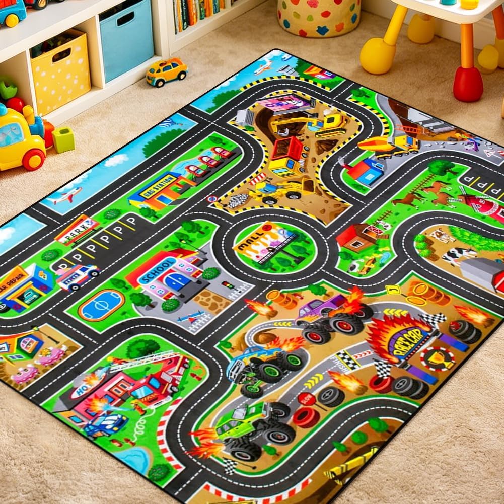 Car Play Rug for Kids, Road Mat for Toy Cars, Interactive Play Carpet for Children, Non-Slip Car Rug play mat for Bedroom Classroom Playroom 60x 90cm1