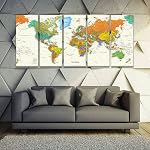 5 Panels World Map Large Modern Stretched and Framed Giclee Canvas Prints Artwork Contemporary Abstract Pictures Paintings on Canvas Wall Art for Living Room Bedroom Home Decorations(49"W x 24"H, framed and ready to hang)