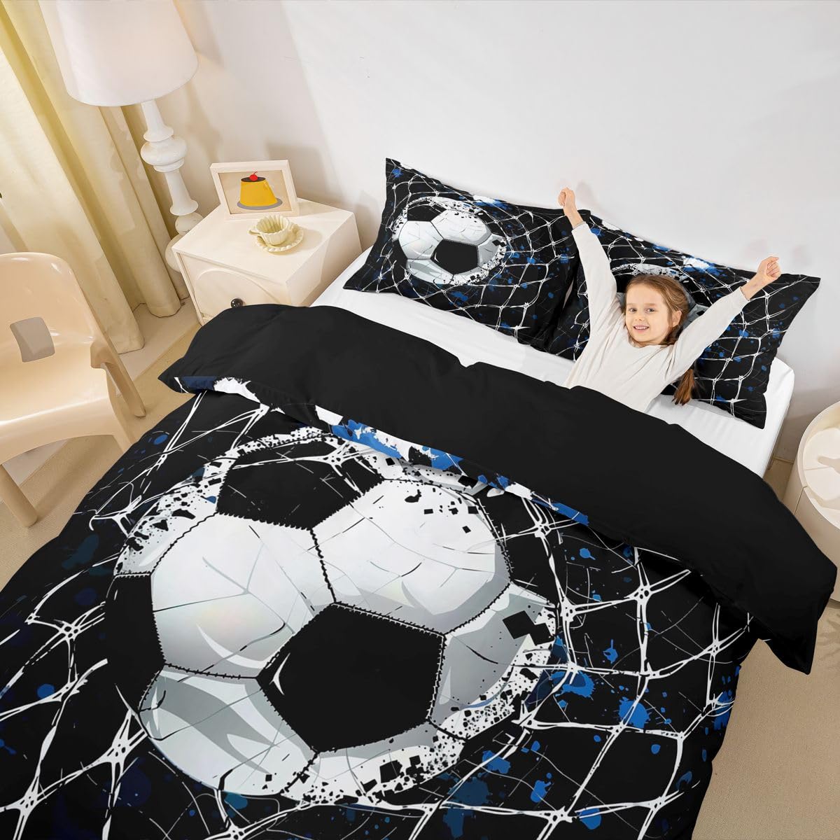 Homewish Piłka nożna King Size poszewka na kołdrę piłka bramka zestaw pościeli piłka sport gry kołdra poszewka na kołdrę dla dzieci chłopców nastolatków dorosłych abstrakcyjna geometryczna pęknięta