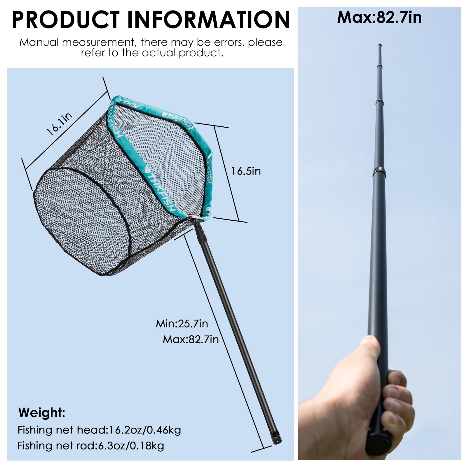 THKFISH Retino da pesca pieghevole in alluminio con manico telescopico extra lungo, si estende fino a 82-157 pollici (210,8 cm manico telescopico/45 cm dimensione cerchio)