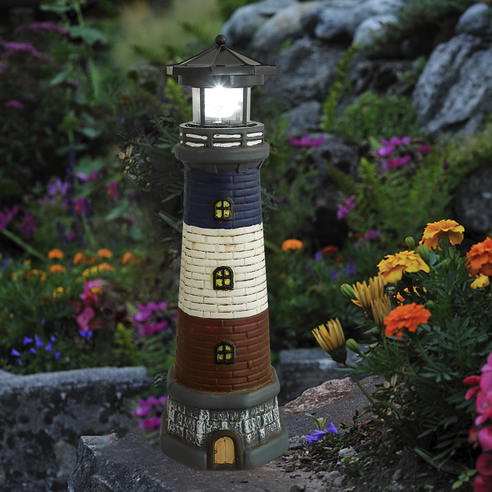 Statua Faro in Resina Solare per Esterni, Ornamento Luminoso per Giardino, Prato e Cortile Luce LED a Energia Solare, Decorazione Paesaggistica a Tema Marino