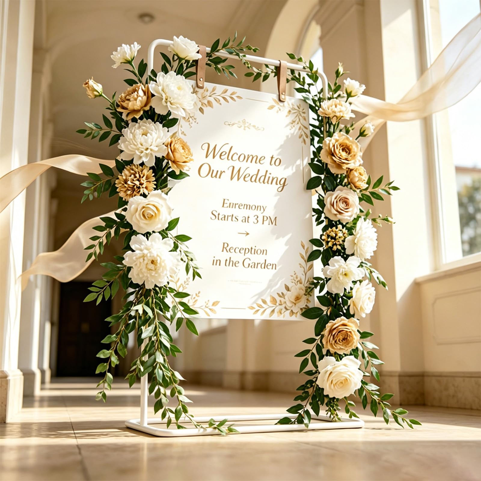Porta cartello di benvenuto per matrimonio, 80 x 50 x 173 cm, cartello di benvenuto per matrimonio, con 4 cinghie in pelle nera, supporto per matrimoni, poster, piano di seduta, ricevimenti (bianco)