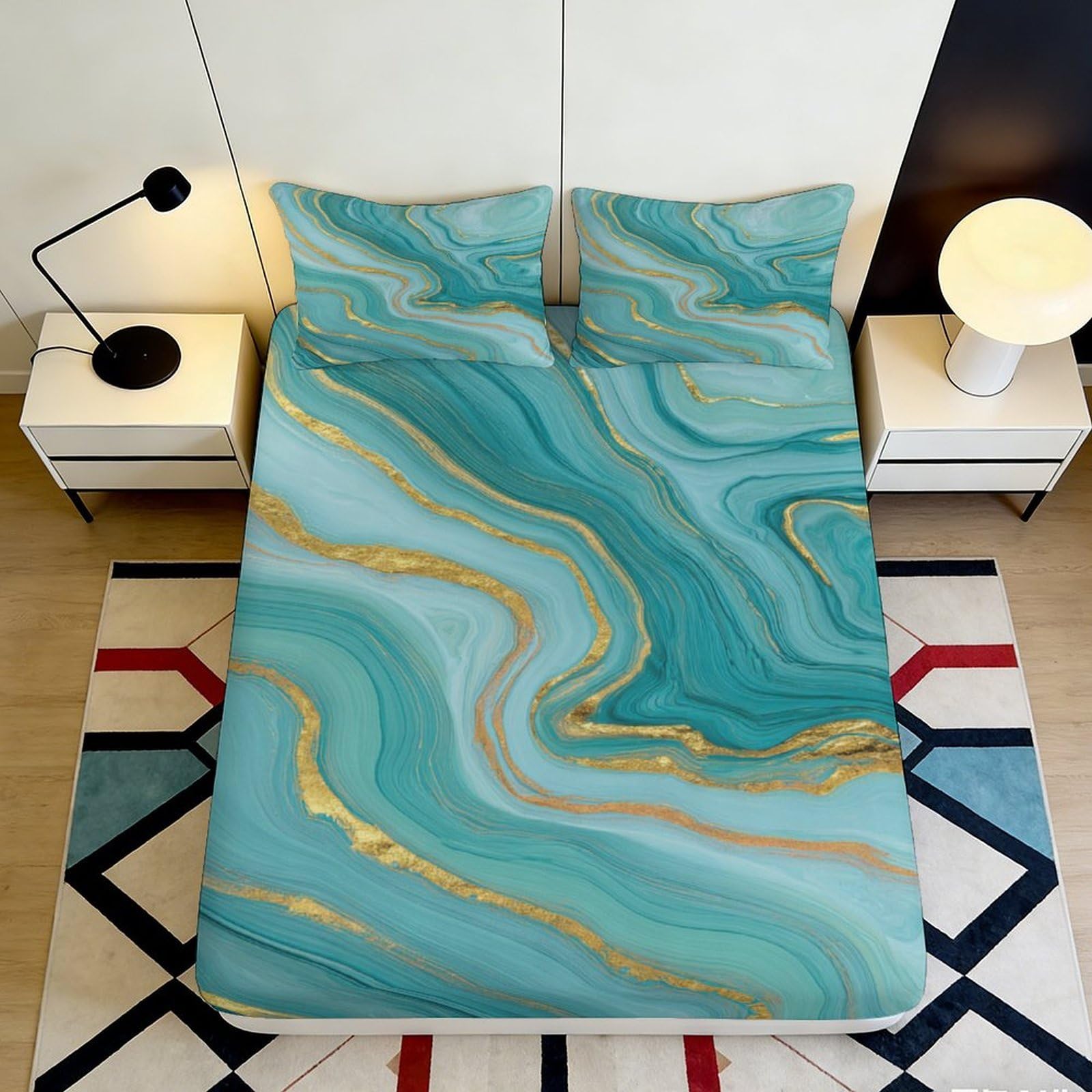 3D Printed Turquoise Marble Fitted Sheet Microfiber Soft Anti-Slip Gold Vein Mattress Cover for Bedroom Guest Room 160x200x25cm