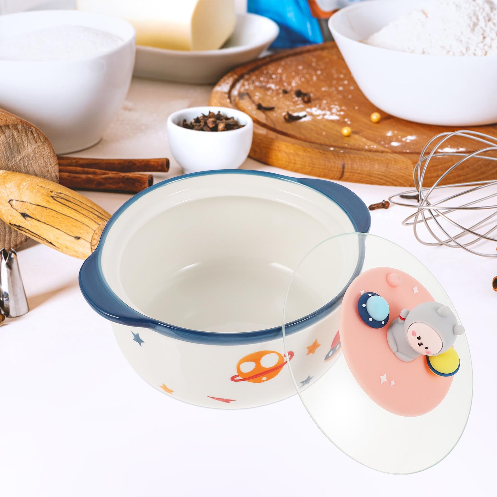 SHOWERORO Tazón de Fideos Creativo 800ml de Cerámica Tapa para Sopa | Blanco, Diseño Espacial y Estilo Tierno, Fácil de Limpiar, para Familias y Uso en Cocina