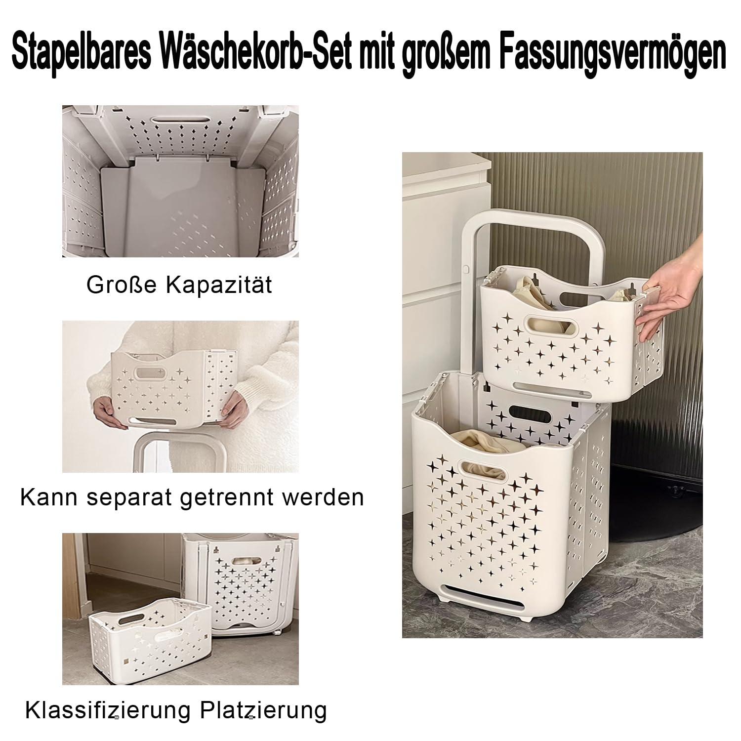 Hooha Faltbarer Wäschekorb Auf Rollen 2 Fächer Wäschekorb Plastik 77 Liter Wäschewagen für Schmutzwäsche/Spielzeug/Reinigungsmittel Aufbewahrung 34.5cm X 26cm X 75cm Storage Basket 2er Set