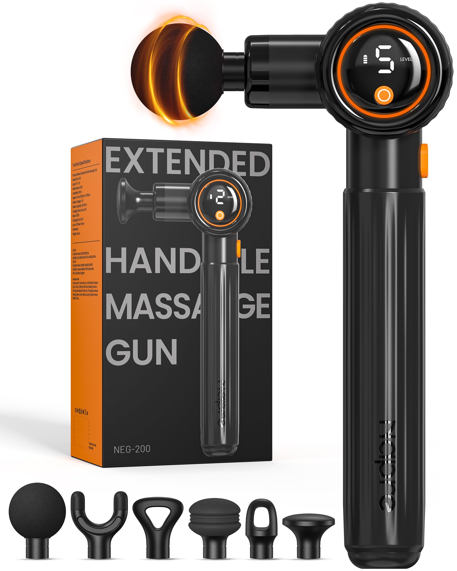 Pistola de Masaje Muscular,Napre Pistola Masaje Muscular con Mango Largo y 3 ángulos Ajustables,Massage Gun Pistola Masajeadora,6 Cabezales y Pantalla LED,Masajeador Muscular Cervical y Espalda,Negro