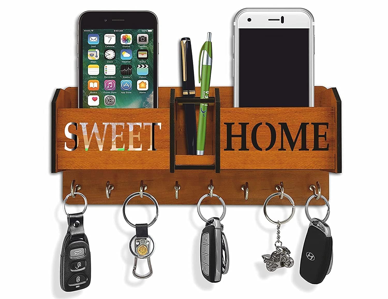 Wooden Key Holders for Home Wall Stylish | Wooden Wall Mounted Decorative Key Chain Hanger with 6 Hooks & Mobile Stand for Home & Office | Multipurpose Organiser | Design: Sweet Home | Brown