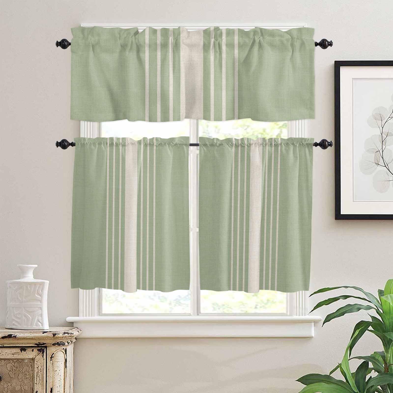 Sage Green Beige Striped Kitchen Curtains 36 Inch Length,3 Piece Rod Pocket Small Half Tiers and Valance Set,Farmhouse Retro Lines Modern Small Large Window Treatment Decor for Bedroom/Bathroom Sink