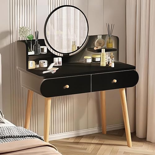 Miniatura 9 de Juego de mesa de tocador de maquillaje con espejo, tablero de fibra de densidad media, moderno escritorio de maquillaje con 2 cajones y 2 estantes,