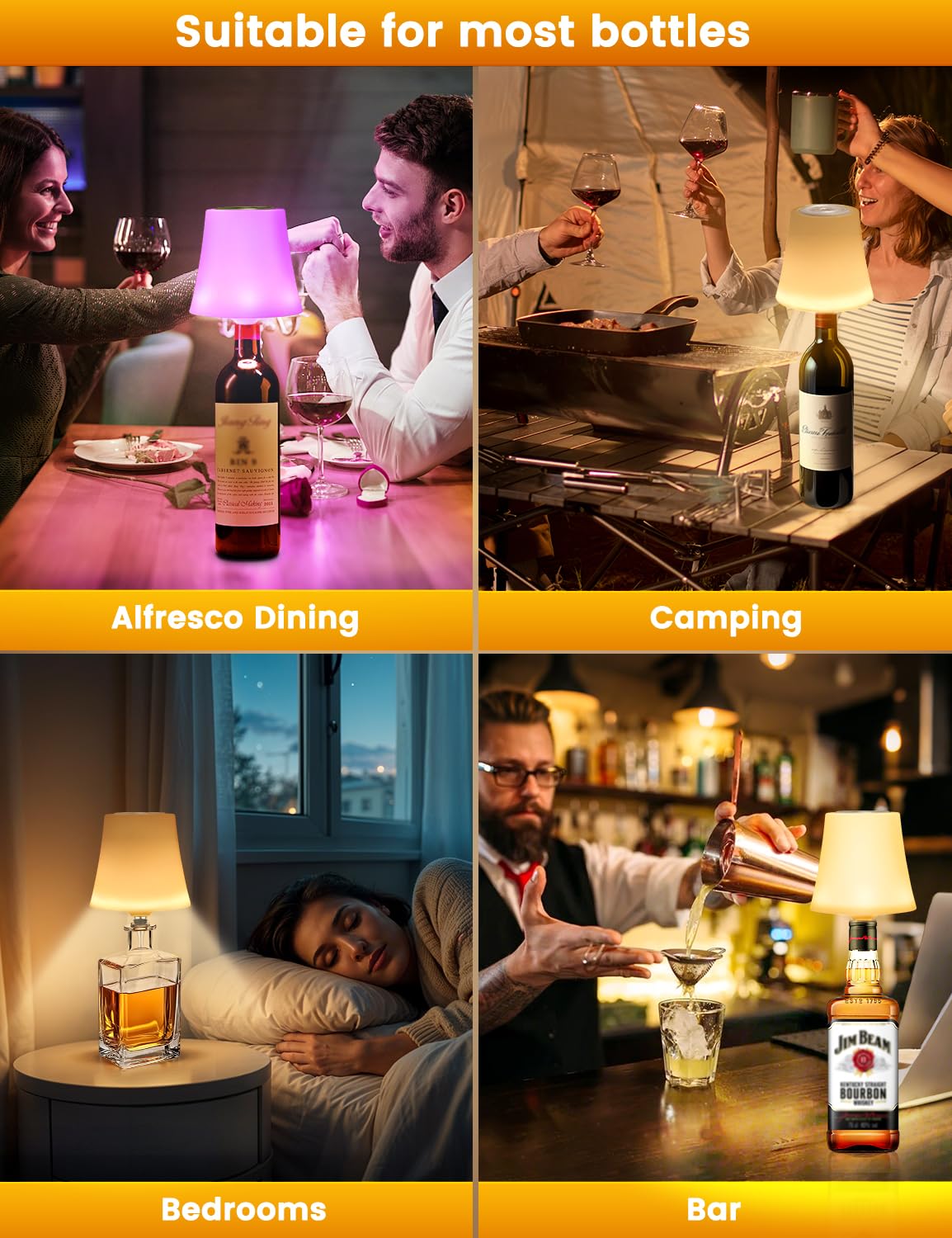2 Stück LED Flaschenlampe Kabellos, IP54 Aufladbar Akku Flaschenlicht Aufsatz, 3 Farbmodi mit RGB Tischlampe Stufenlose Dimmbare Nachttischlampe für Esszimmer, Wohnzimmer, Schlafzimmer
