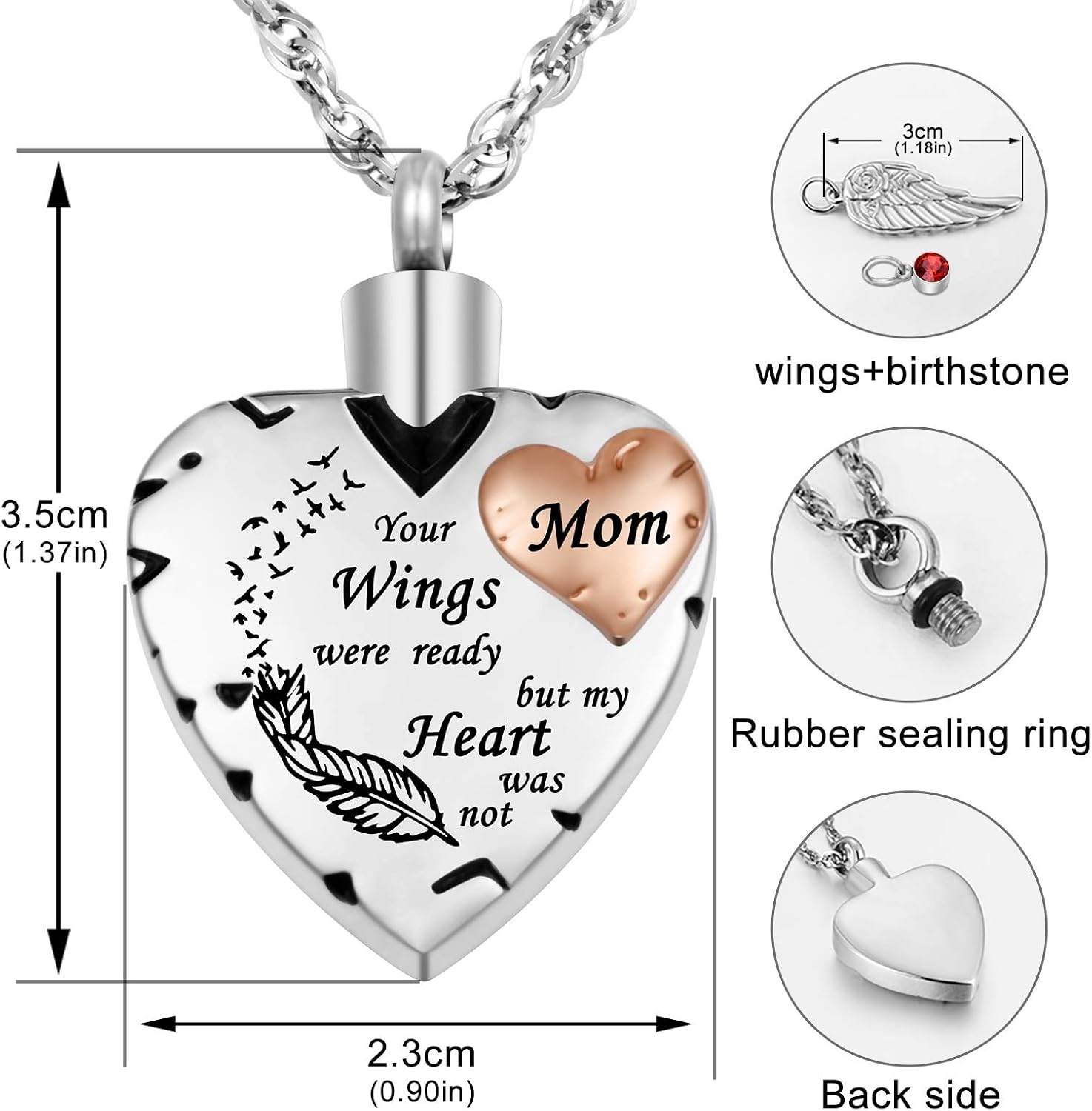 Dletay Heart Cremation Necklace for Ashes Cremation Jewelry with 12 Birthstones Urn Necklace for Ashes-Your Wings were Ready but My Heart was Not - Image 4