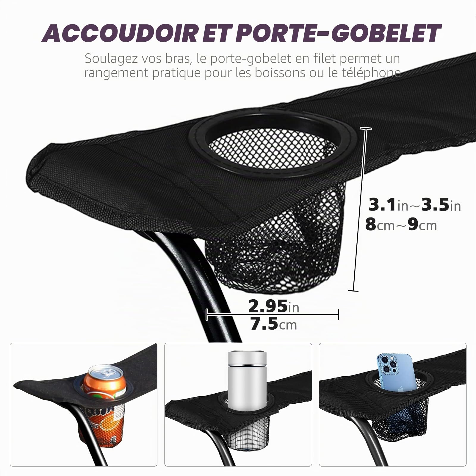 Lot de 2 Chaise de Camping Pliante, Siège Pliable Portable Chaise Camping avec Porte-gobelet, Capacité 100kg, Adaptée au Camping, à la Plage, au Barbecue, à la Pêche - Noir WY-G-439