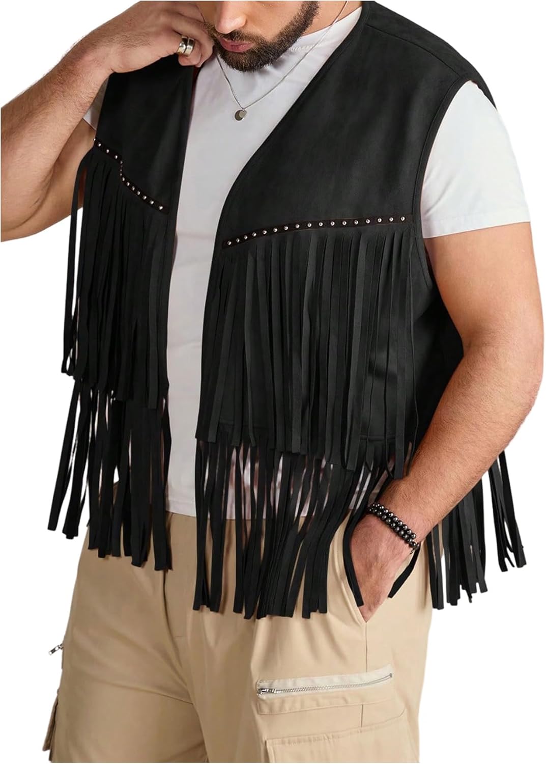 Men's Big and Tall Fringe Hem Sleeveless Vest Jacket 70s Hippie Faux Suede Western Cowboy Vest Waistcoat