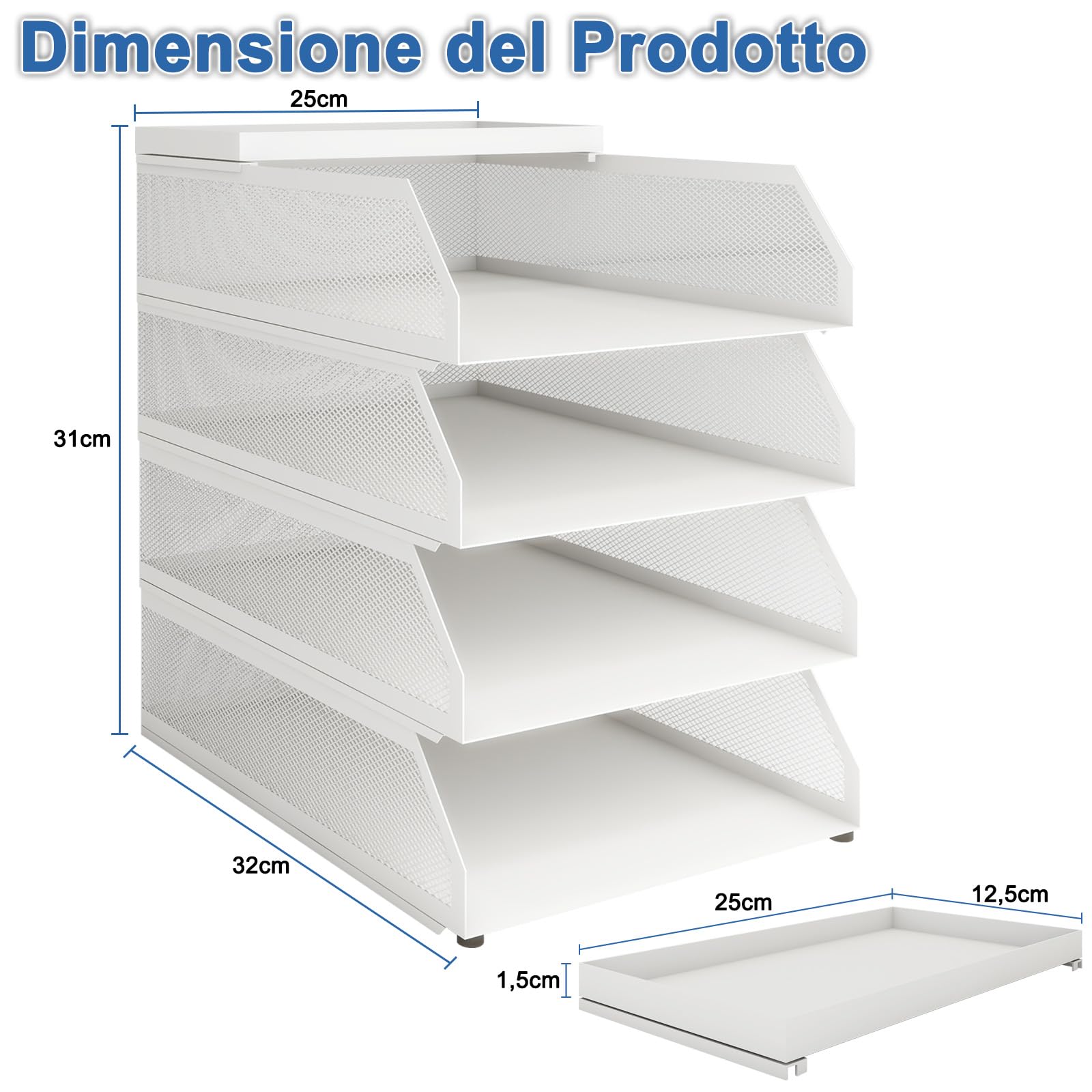 PUNCIA Vassoio per Lettere in Metallo a 4 Livelli Organizer da Scrivania per Ufficio Supporto da Scrivania per Accessori per Lettere di Carta 25x32x31,5CM per l'Ufficio Domestico e Scolastico(Bianco)