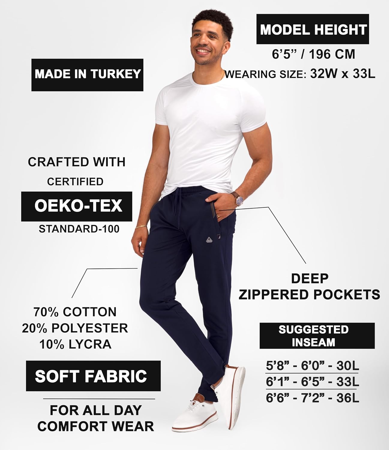 Men's Sweatpants (Avg & Tall) Luxury Fit - Made in Turkey Athletic Sweat Pants for Tall Men with Zipper Pockets - Image 2