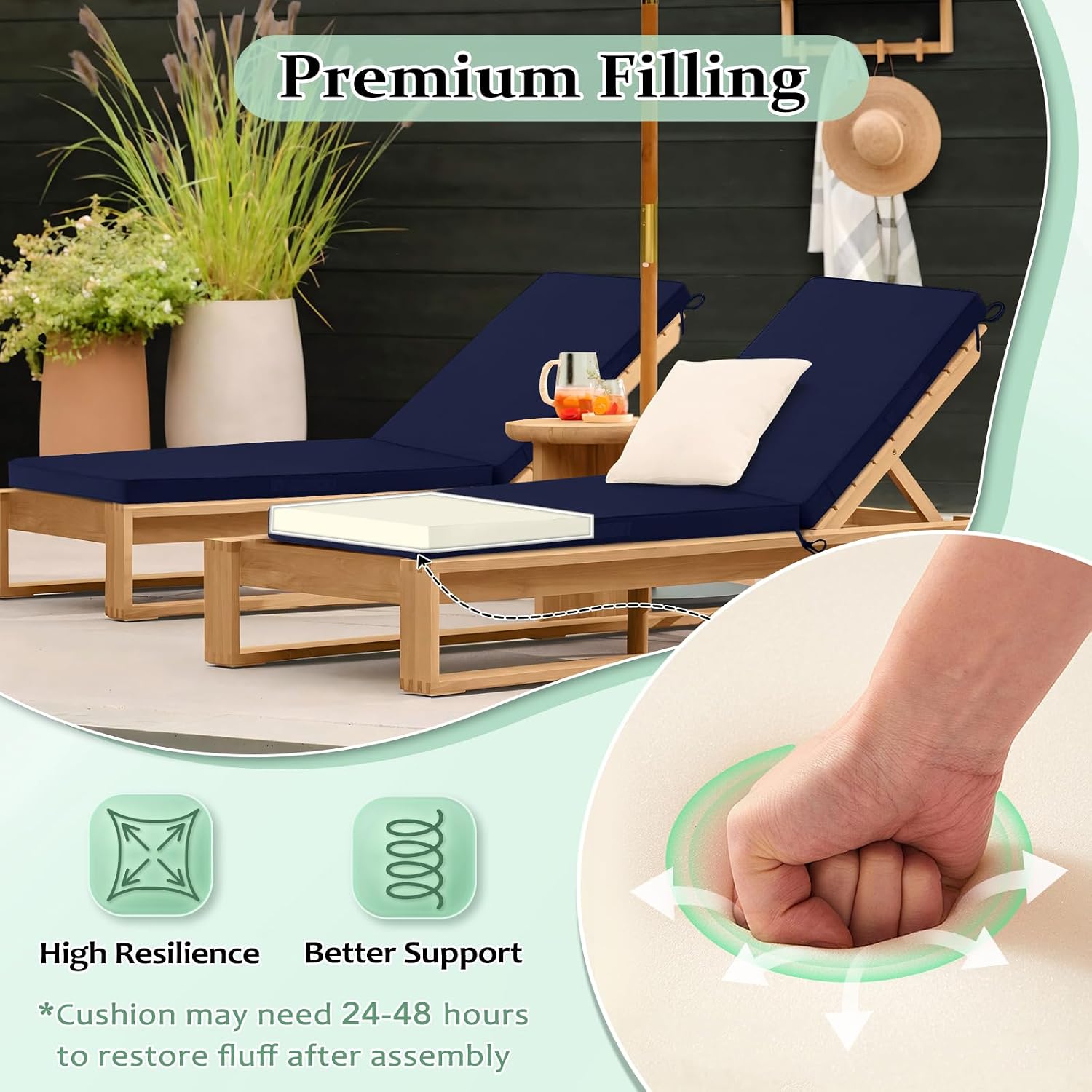 Cozyide Chaise Lounge Cushions Outdoor 72"x21"x3", Waterproof Lounge Chair Cushion with Removable Cover, Patio Chair Cushions for Outdoor Furniture with Adjustable Ties, 72"x21"x3", Navy