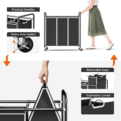 Vista 6 de ROMOON Clasificador de ropa resistente de 3 compartimentos, cesta con forro extraíble y ruedas, organizador que ahorra espacio para lavandería, Negro