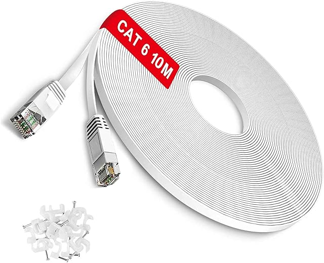 TBMax 10m Ethernet Cable Flat Cat6 High Speed Gigabit LAN Network Cable Long - OFC -RJ45 UTP Internet Patch Cable for Computer,PS5,Modem,Router,TV - Compatible with Cat5e Cat6a Cat7, White