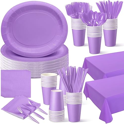 Tioncy Juego de 462 piezas de suministros para fiesta, platos de papel para 60 invitados, vajilla desechable, juego de fiesta con cubierta de mesa