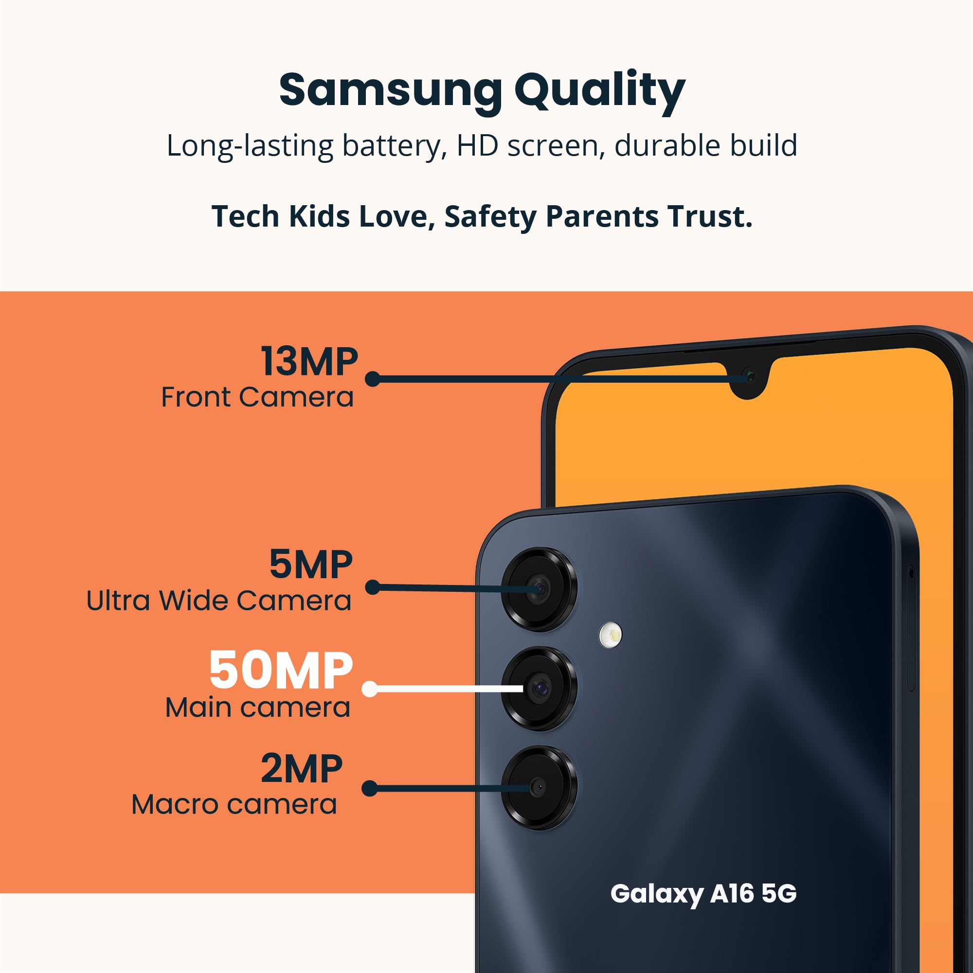 Phone for Kids and Teens – Galaxy A16 – Parental Controls, GPS Tracking, Text Monitoring & Content Filtering, 10,000+ Apps – Monthly Service and Activation with Troomi Required