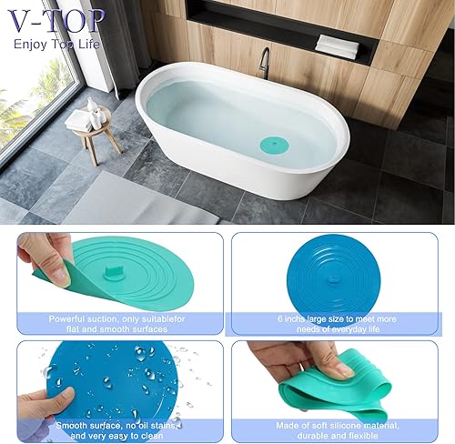 Vista 23 de V-TOP Tapón de drenaje de bañera, paquete de 2 tapones de silicona grandes de 6 pulgadas, tapón de succión plana para cocina, baño y lavandería