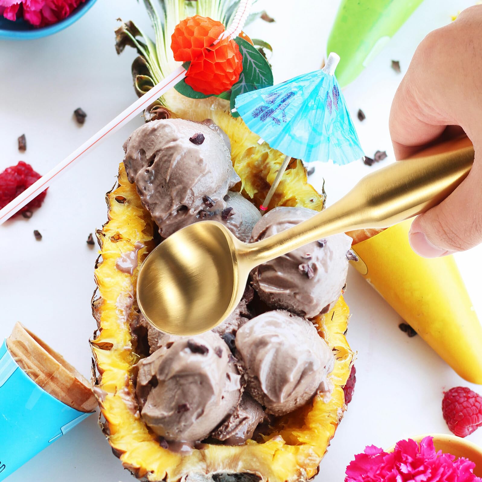 Ciieeo 3 Stück Eisportionierer Goldfarbene Kugelform Eiscremelöffel mit Langem Griff Antihaft Eisballer für Eiscreme Obst und Dessert Vielseitiges Sommerset für Gleichmäßige Portionen