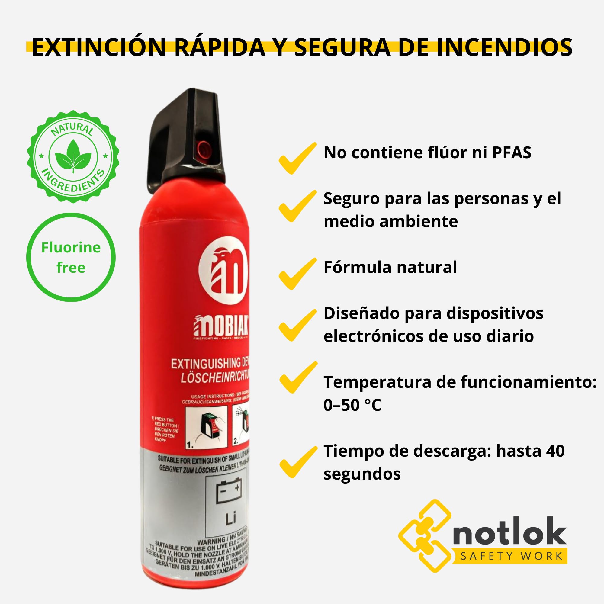 Extintor sin flúor 750 ml eléctrico | Seguro para la Piel | para baterías de Litio, E hasta 1000V | Extintor para casa, Extintores Coche, Barco