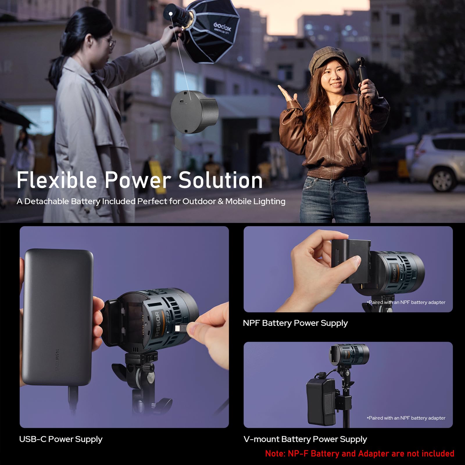 Godox RS60Bi Bi-Color LED Video Light, with CCT 2800-6500K, 11 Lighting Effects, HSI & High CRI 97+ TLCI 98+, Supports DMX/APP Control and Multiple Power Solutions