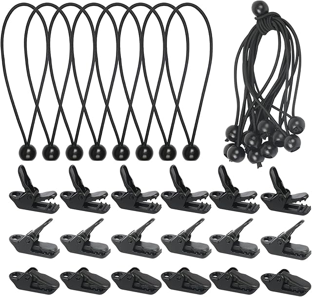15pcs Tarp Bungee Cords TAROME Ball Bungees Tarpaulin Elasticated Shock Tarp Rope with 30pcs Tarp Clips Lock Grip Awning Clamp for Tent Banner Covers Awning Holder Pavilions