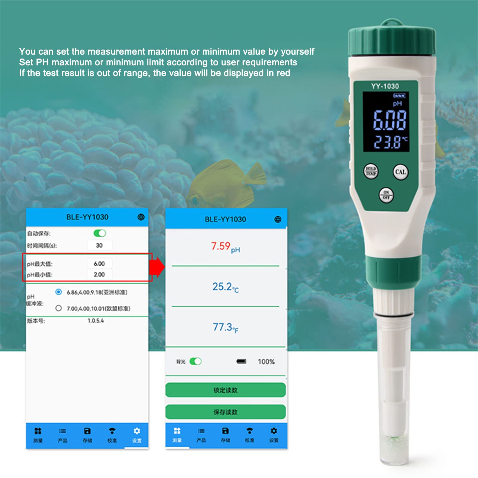 Generic Bezprzewodowy Miernik PH Bluetooth Cyfrowy Tester PH z funkcją Przechowywania i kalibracją, Wodoodporny Miernik IP67 do Testowania Sera - Łatwy w Użyciu Inteligentny Tester do Domu i
