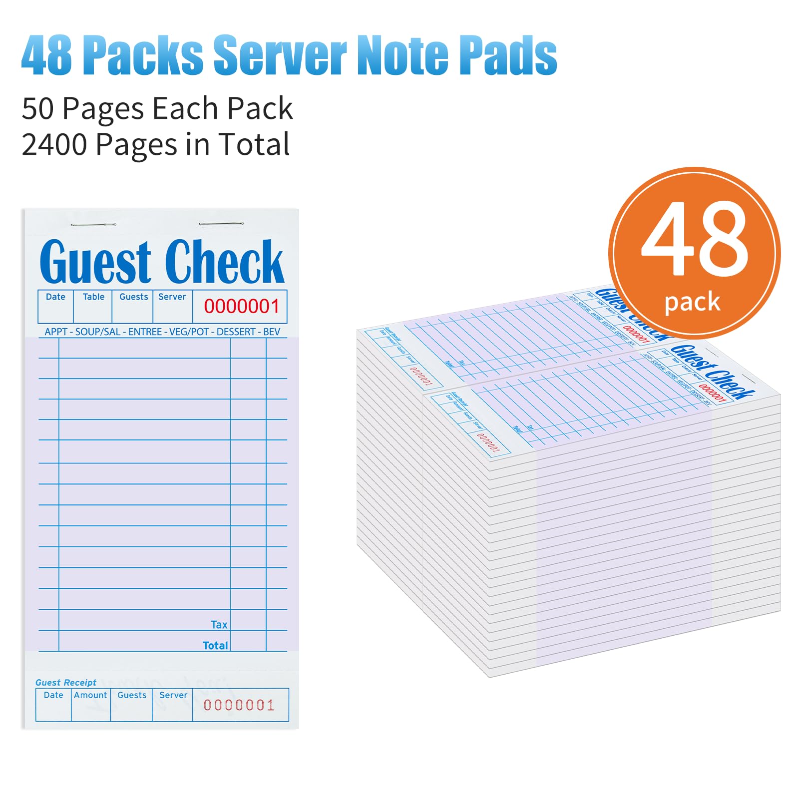 ZPARIK Paquete de 48 cuadernos de cheques de invitados morados para servidores, bloc de notas de servidor, chequera de camarero, bloc de notas de camarera para restaurantes, cheques de papel, 50 hojas