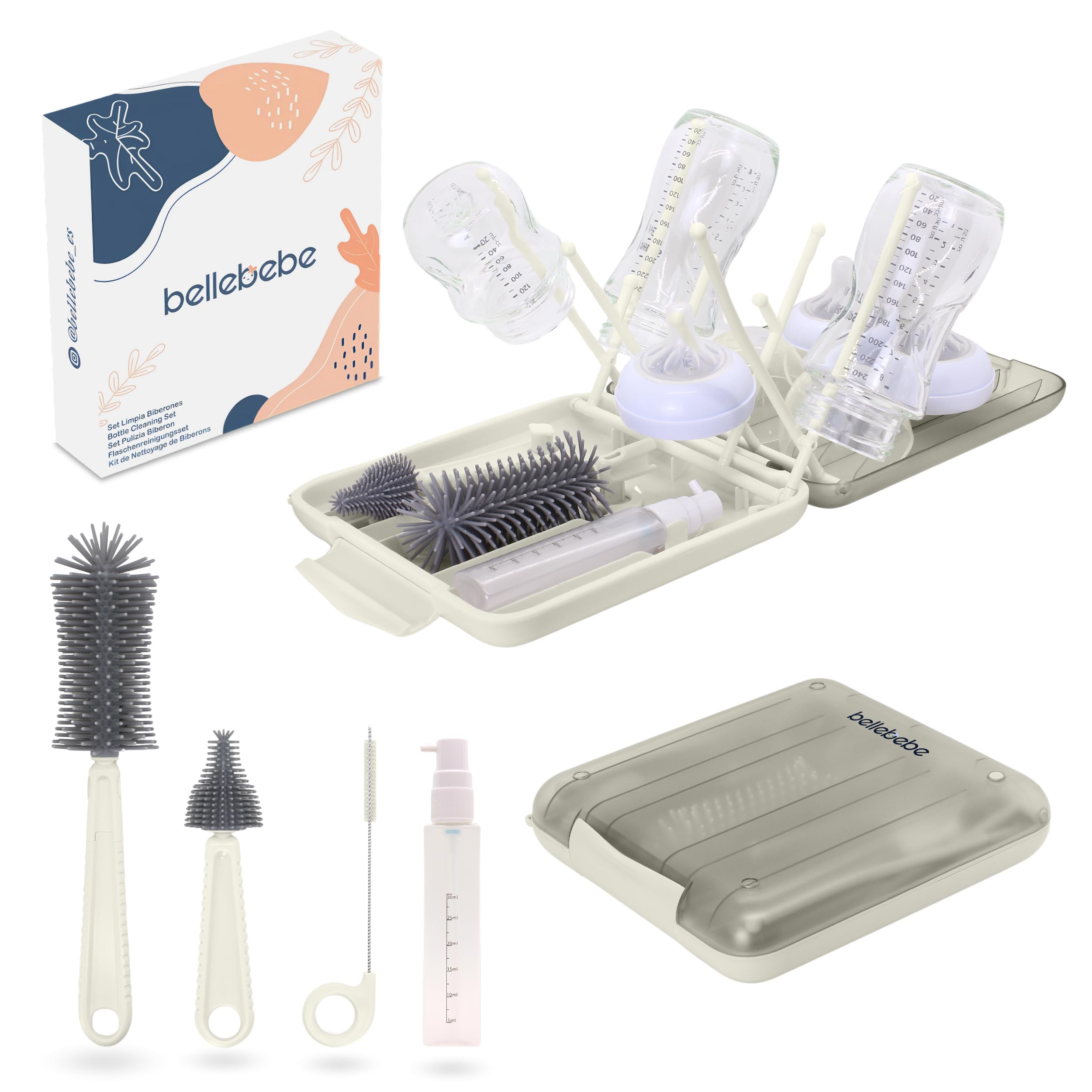 BELLEBEBE Set Escurre Biberones con Limpia Biberones - 6 en 1 Kit Cepillo con Escurre Plegable - Portátil - Transportable - Regalo para Bebé - SIN BPA - Beige