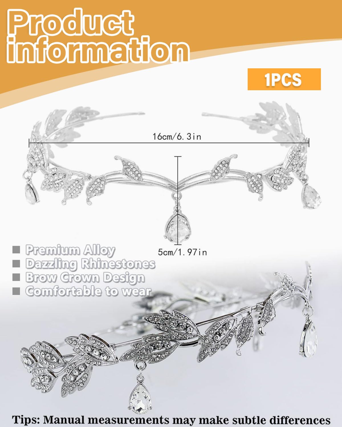 1 pieza Tiara de Boda Novia Hojas, Cristal Rhinestone Tiara Corona, Pieza de pelo de hoja de cristal para mujer para el Pelo - Plata — view 2
