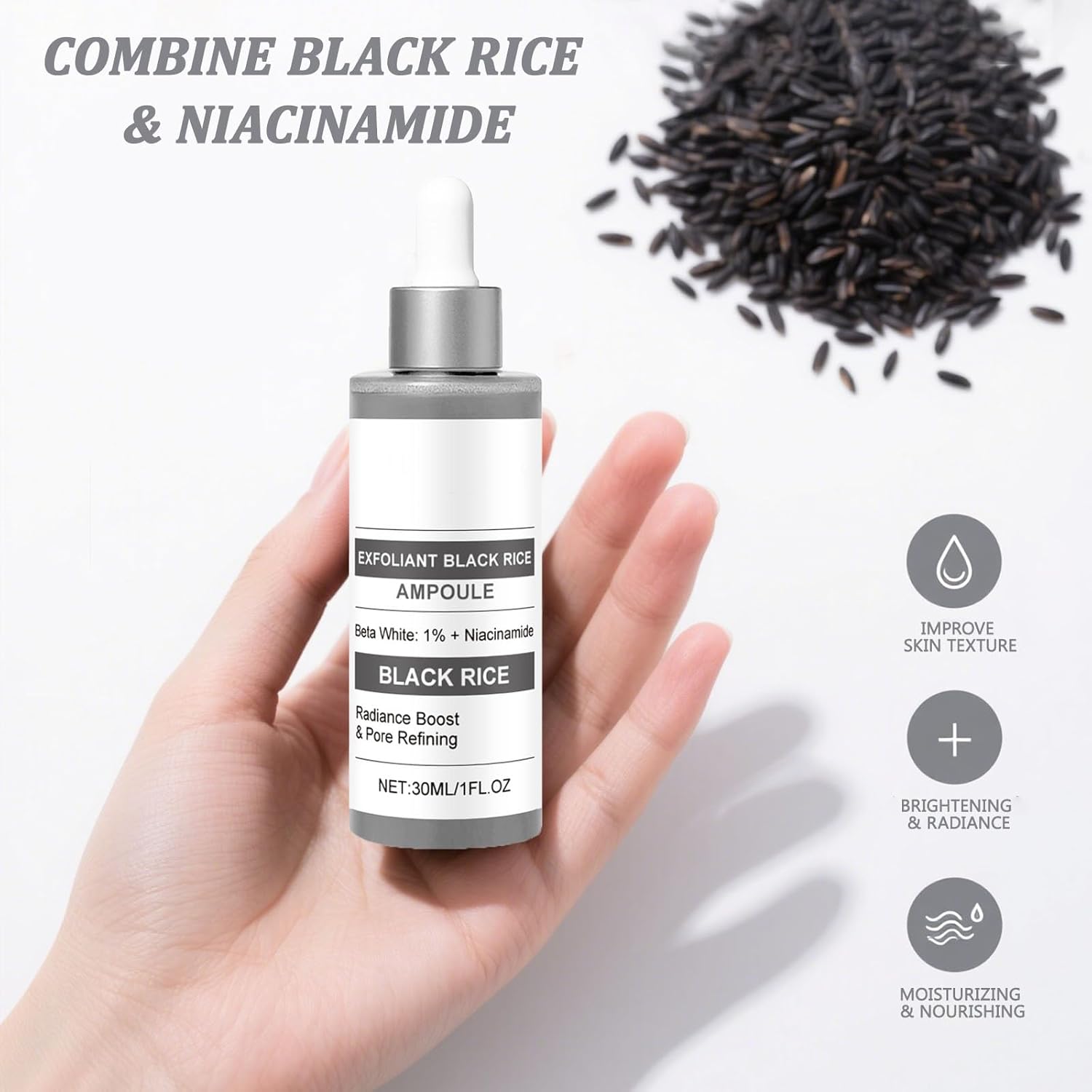 Black Rice Exfoliant Ampoule, Rice Peeling Ampoule for Face,Niacinamide Exfoliant for Daily Skincare,Deep Moisturizing,Refines Pores -Black, 1 Fl Oz - Image 2